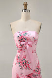 Pink Floral Bodycon Strapless Printed Short Party Dress with Ruffles