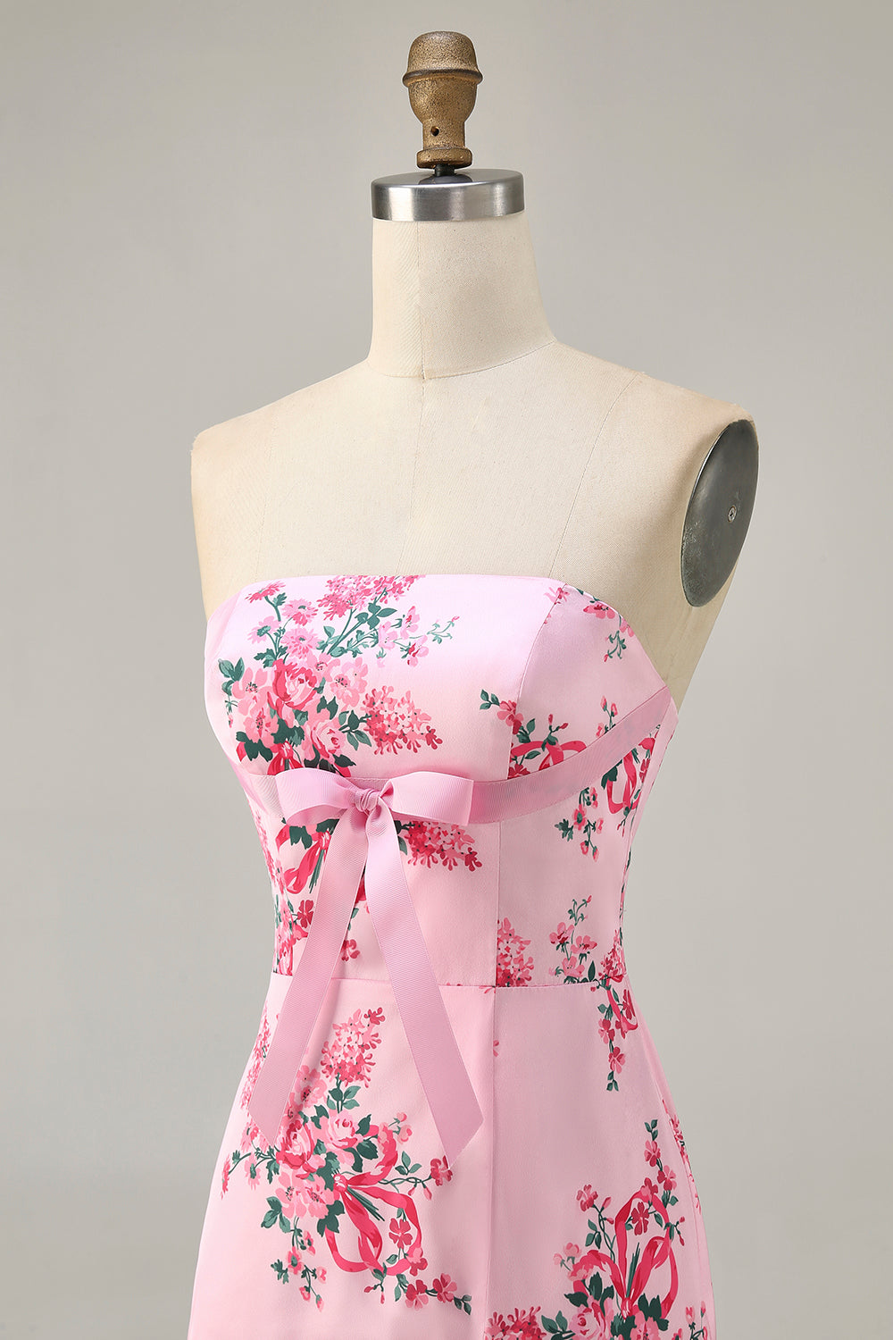 Pink Floral Bodycon Strapless Printed Short Party Dress with Ruffles