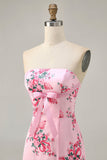 Pink Floral Bodycon Strapless Printed Short Party Dress with Ruffles