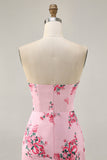 Pink Floral Bodycon Strapless Printed Short Party Dress with Ruffles