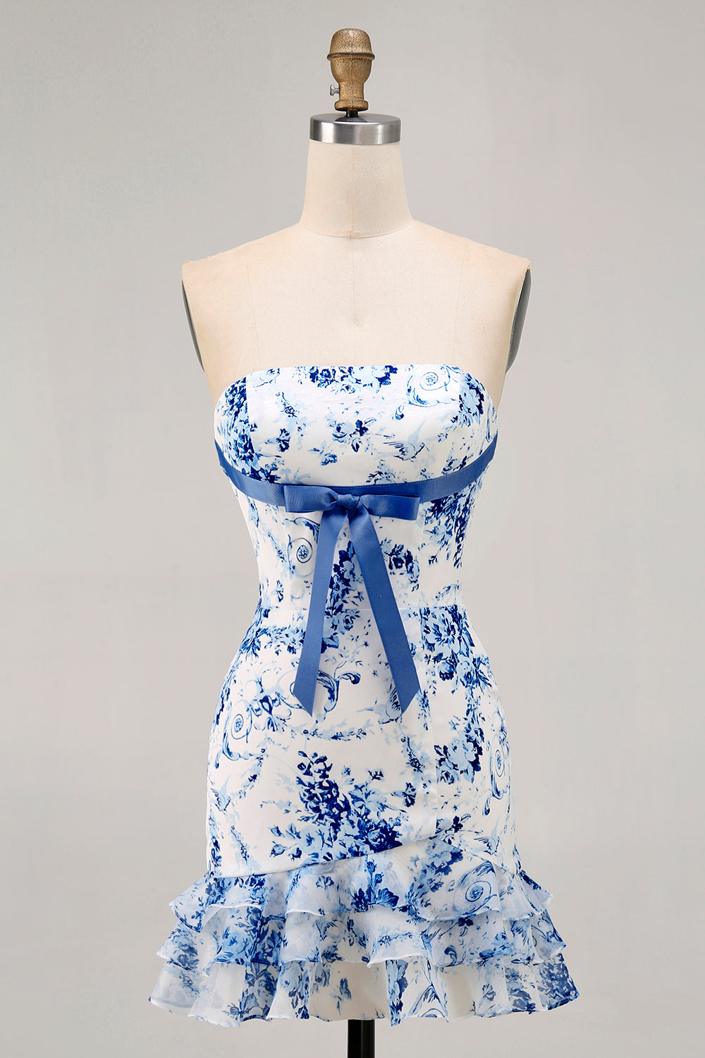 Pink Floral Bodycon Strapless Printed Short Party Dress with Ruffles