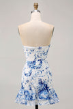 Pink Floral Bodycon Strapless Printed Short Party Dress with Ruffles