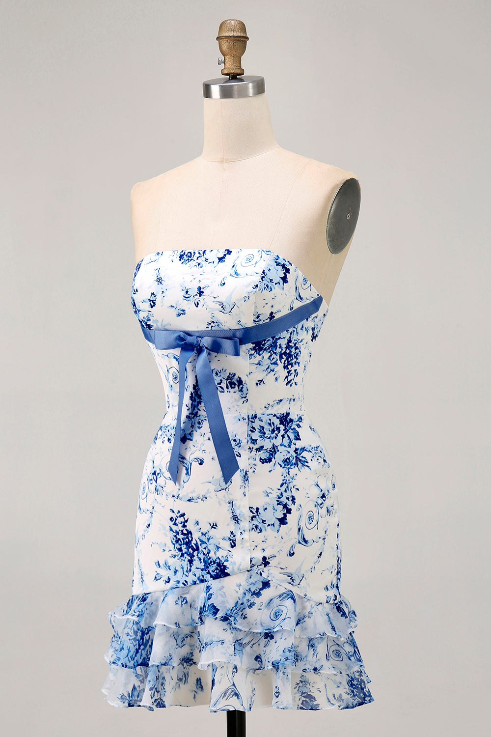 Pink Floral Bodycon Strapless Printed Short Party Dress with Ruffles