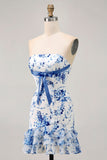 Pink Floral Bodycon Strapless Printed Short Party Dress with Ruffles