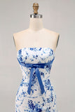 Pink Floral Bodycon Strapless Printed Short Party Dress with Ruffles