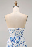 Pink Floral Bodycon Strapless Printed Short Party Dress with Ruffles