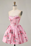 Strapless White Blue Flower A-Line Printed Cocktail Dress with Beading