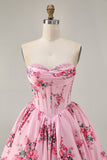 Strapless White Blue Flower A-Line Printed Cocktail Dress with Beading