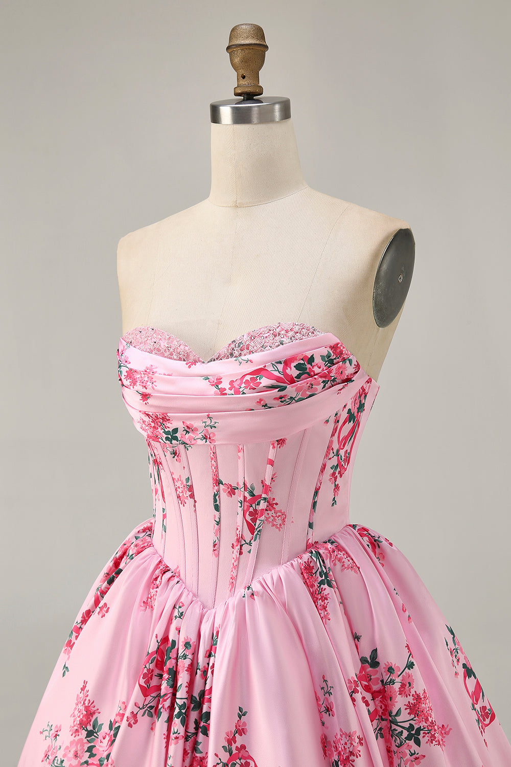 Strapless White Blue Flower A-Line Printed Cocktail Dress with Beading