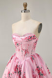 Strapless White Blue Flower A-Line Printed Cocktail Dress with Beading