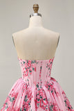 Strapless White Blue Flower A-Line Printed Cocktail Dress with Beading
