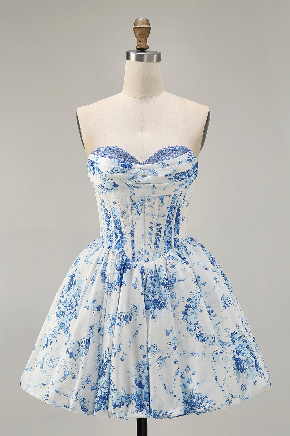 Strapless White Blue Flower A-Line Printed Cocktail Dress with Beading