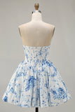 Pink Flower A-Line Strapless Printed Cocktail Dress with Beading