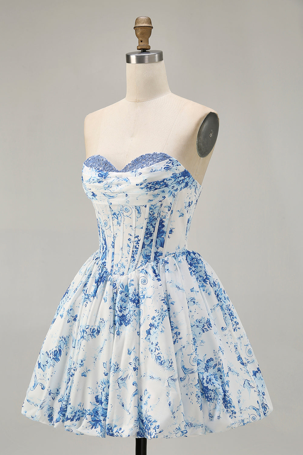 Strapless White Blue Flower A-Line Printed Cocktail Dress with Beading