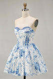 Strapless White Blue Flower A-Line Printed Cocktail Dress with Beading