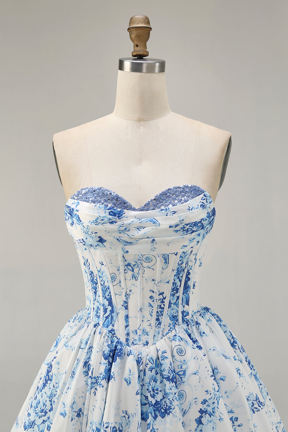 Strapless White Blue Flower A-Line Printed Cocktail Dress with Beading
