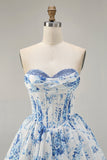 Strapless White Blue Flower A-Line Printed Cocktail Dress with Beading