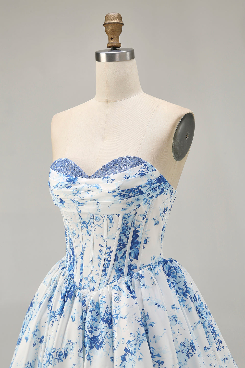 Strapless White Blue Flower A-Line Printed Cocktail Dress with Beading