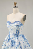 Strapless White Blue Flower A-Line Printed Cocktail Dress with Beading