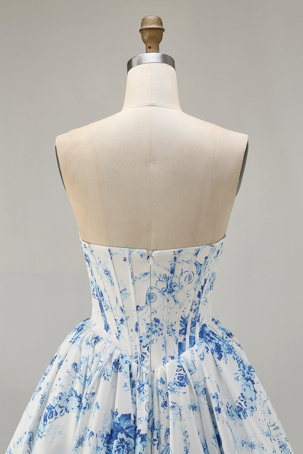 Strapless White Blue Flower A-Line Printed Cocktail Dress with Beading