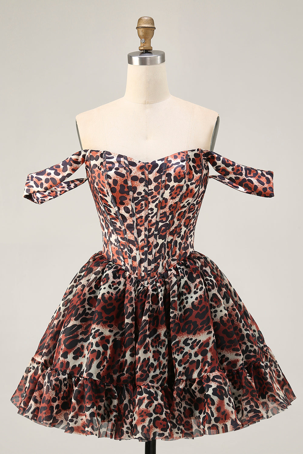 Khaki Leopard Off the Shoulder Corset A Line Mini Cocktail Dress