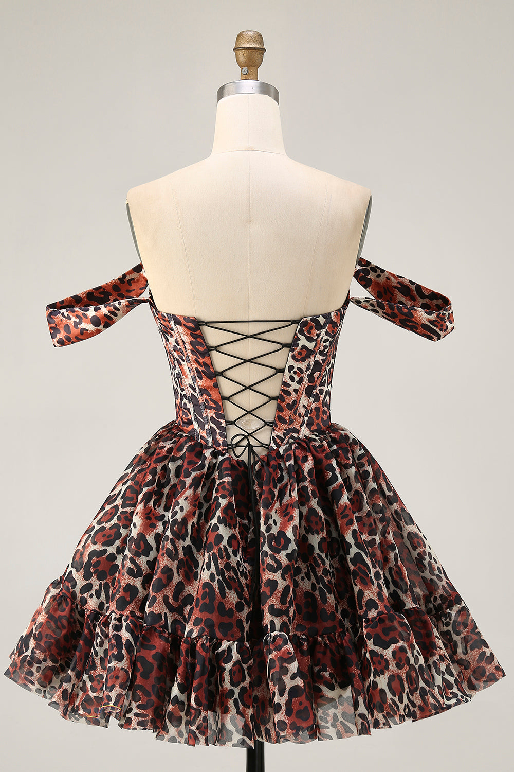 Khaki Leopard Off the Shoulder Corset A Line Mini Cocktail Dress