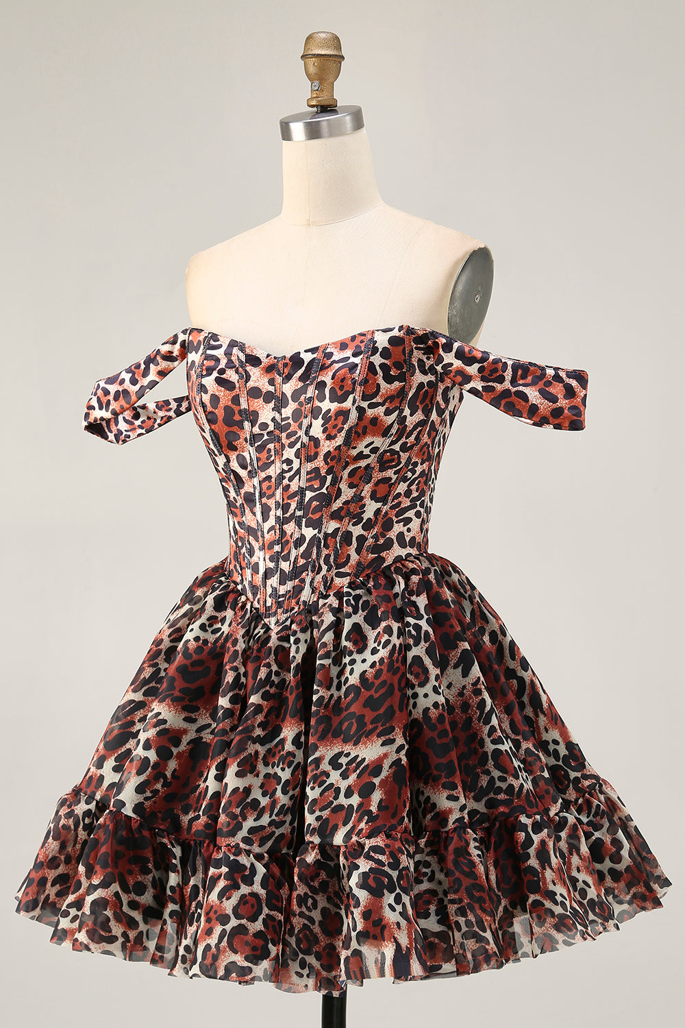 Khaki Leopard Off the Shoulder Corset A Line Mini Cocktail Dress