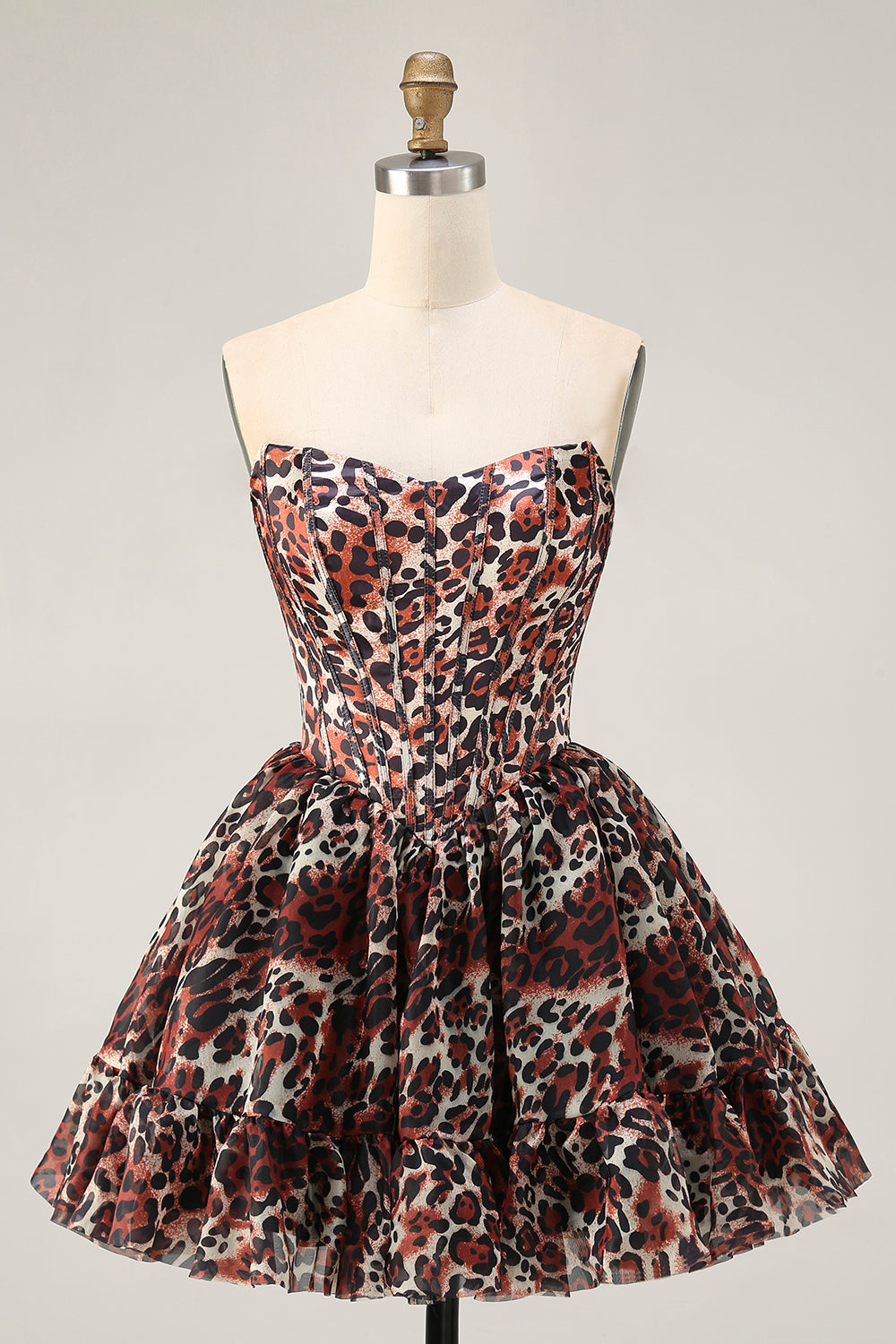 Khaki Leopard Off the Shoulder Corset A Line Mini Cocktail Dress