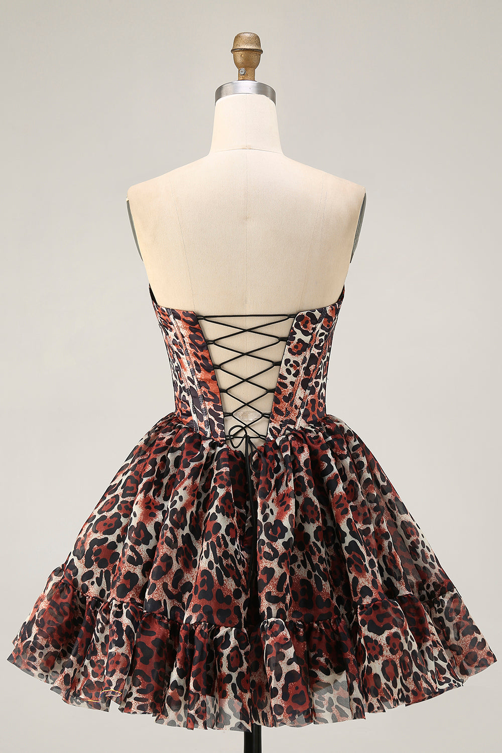 Khaki Leopard Off the Shoulder Corset A Line Mini Cocktail Dress