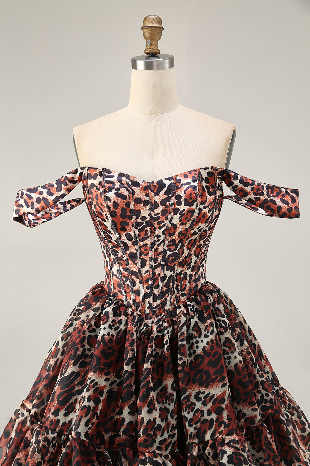 Khaki Leopard Off the Shoulder Corset A Line Mini Cocktail Dress