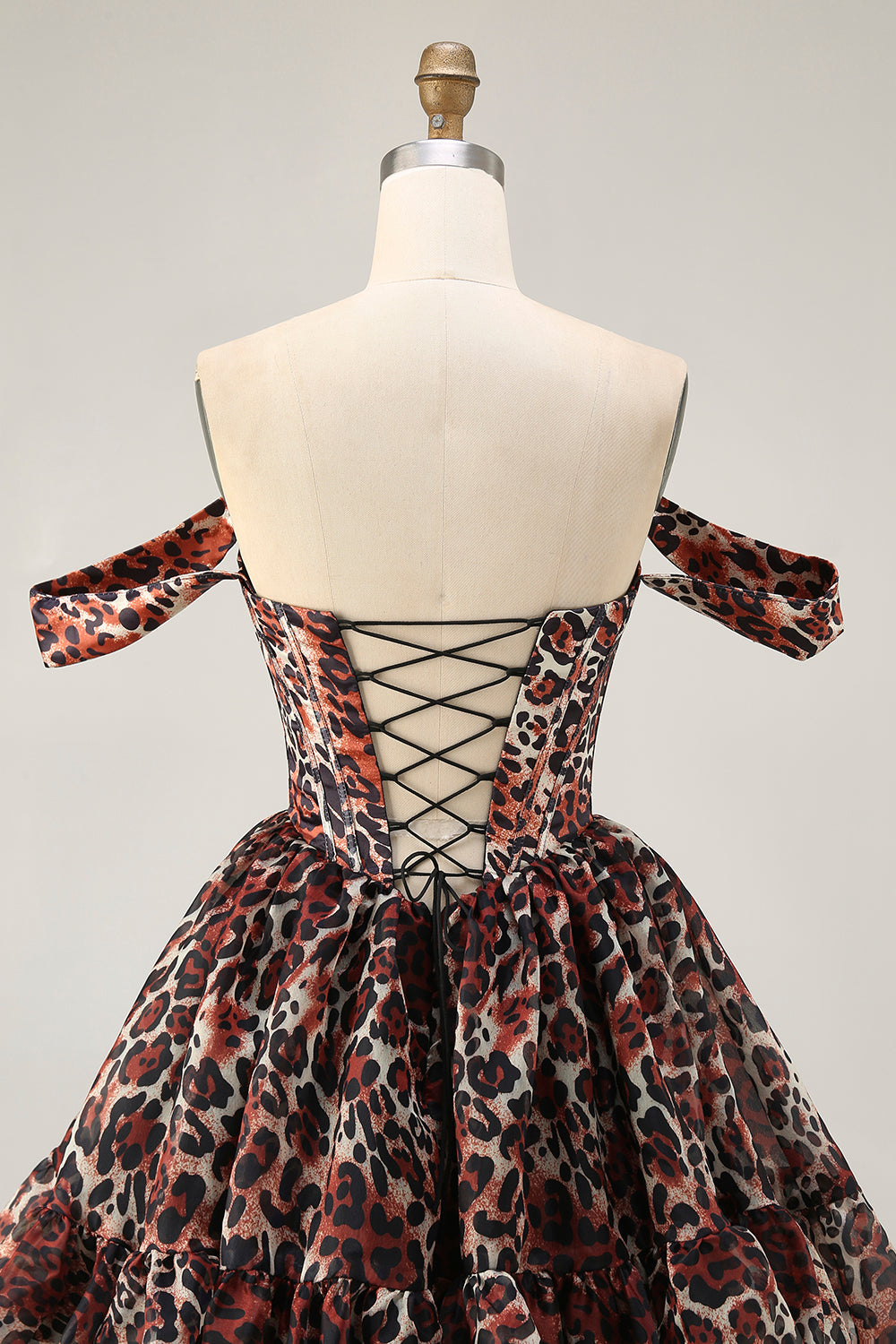 Khaki Leopard Off the Shoulder Corset A Line Mini Cocktail Dress
