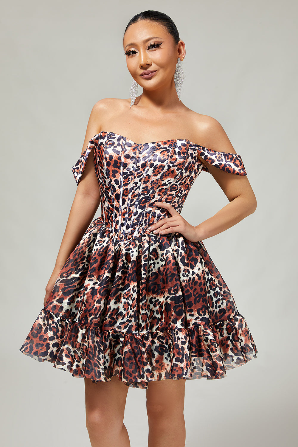 Khaki Leopard Off the Shoulder Corset A Line Mini Cocktail Dress