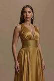 Golden V-Neck Satin Backless Long Holiday Party Dress