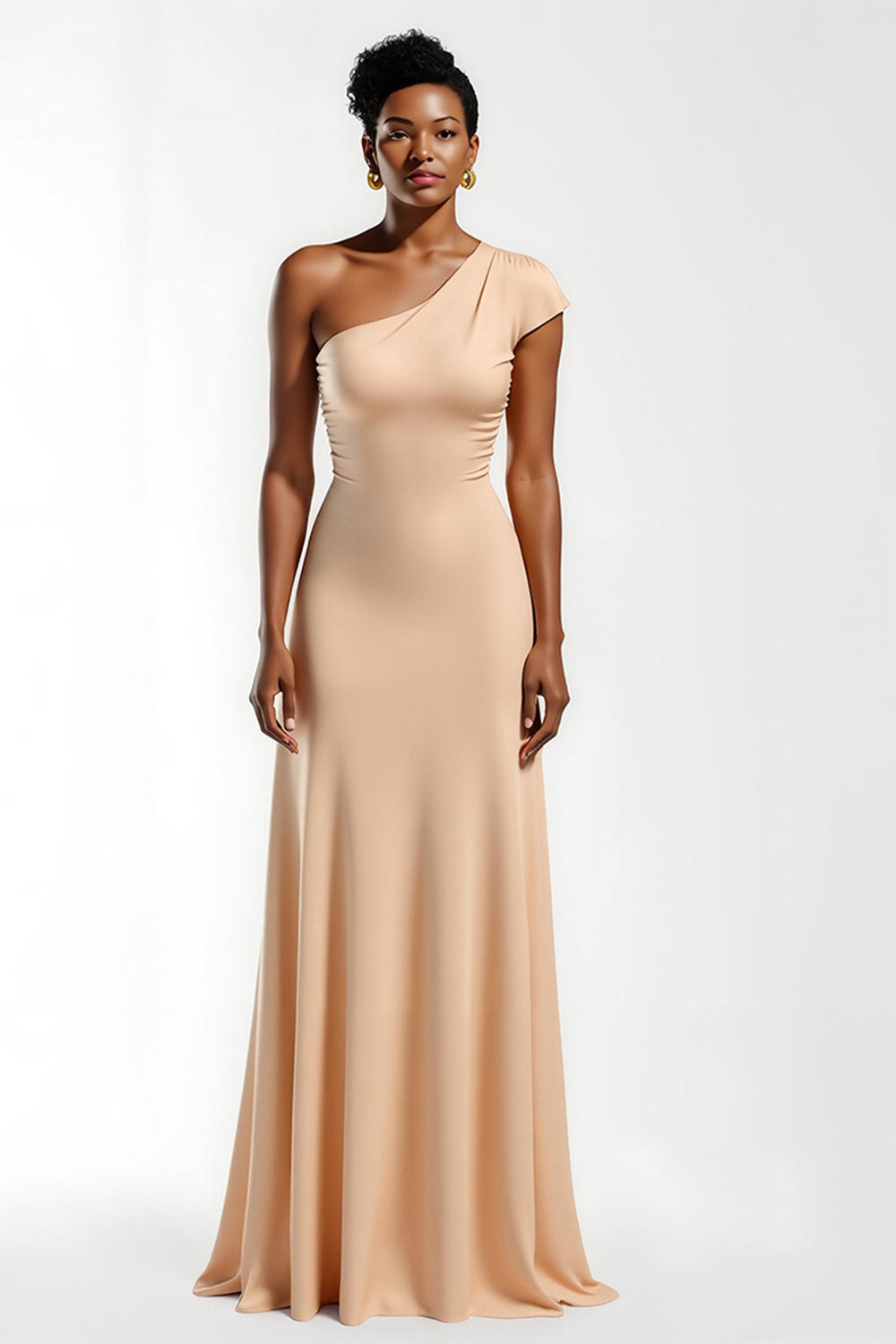 Champagne One Shoulder Sheath Long Bridesmaid Dress With Sleeves