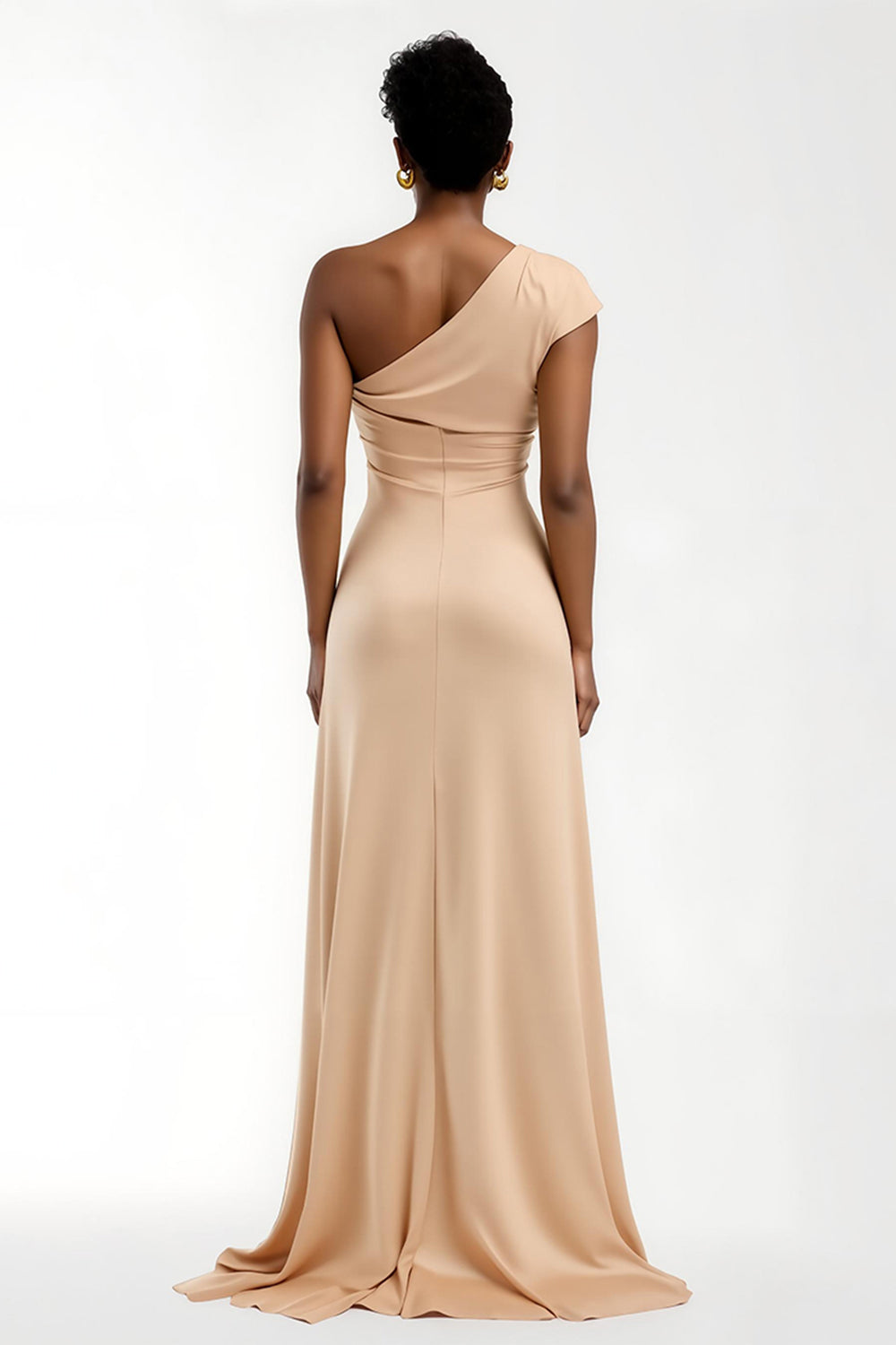 Champagne One Shoulder Sheath Long Bridesmaid Dress With Sleeves
