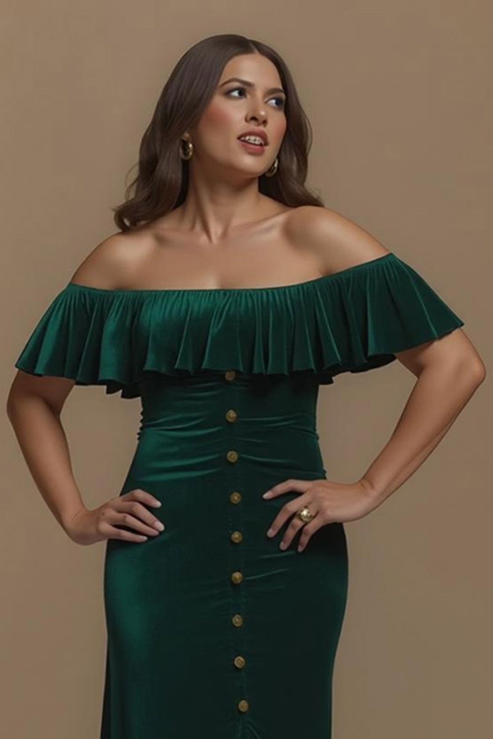 Dark Green Off the Shoulder Buttons Velvet Long Holiday Party Dress With Slit