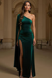 Dark Green Velvet One Shoulder Long Sleeve Holiday Party Dress With Slit