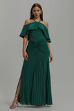 Dark Green Pleated Halter Long Holiday Party Dress With Ruffles