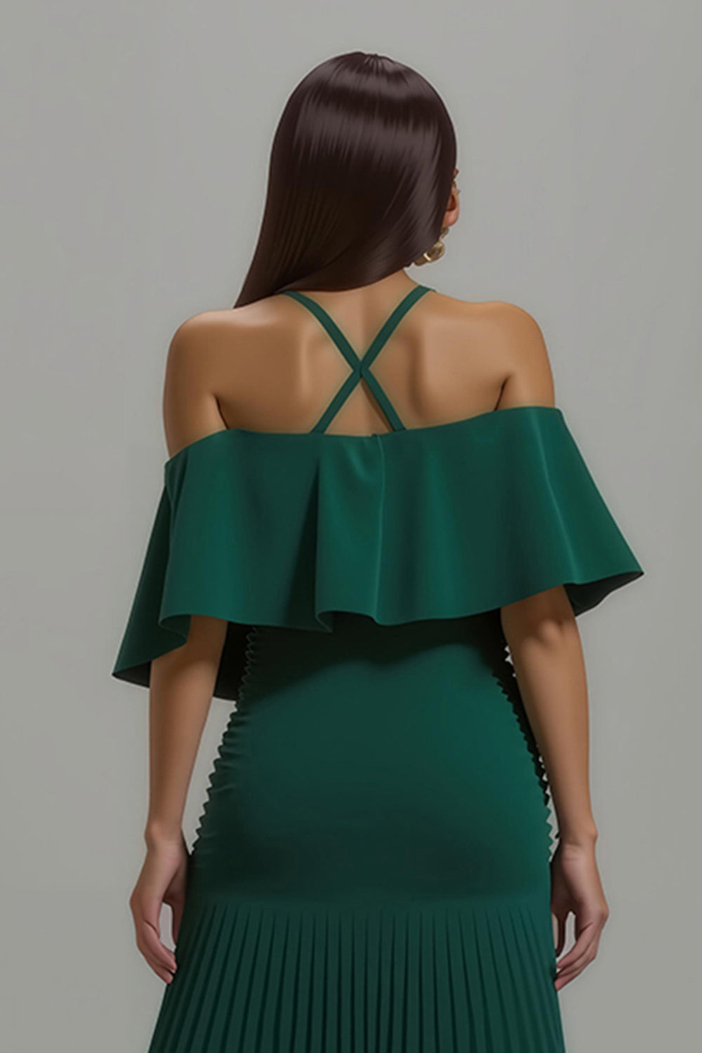 Dark Green Pleated Halter Long Holiday Party Dress With Ruffles