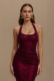 Sparkly Burgundy Halter Mermaid Long Holiday Party Dress