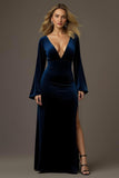 Royal Blue Sheath V-Neck Long Sleeve Velvet Holiday Party Dress