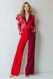 Red Pink Burgundy Patchwork 2 Piece Notched Lapel Women Suits with Ruffles