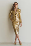 Sparkly Golden Pencil 2 Piece Sequin Work Dress with Pockets