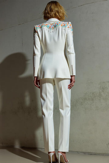 White 2 Piece Shawl Lapel Women Suits with Pockets