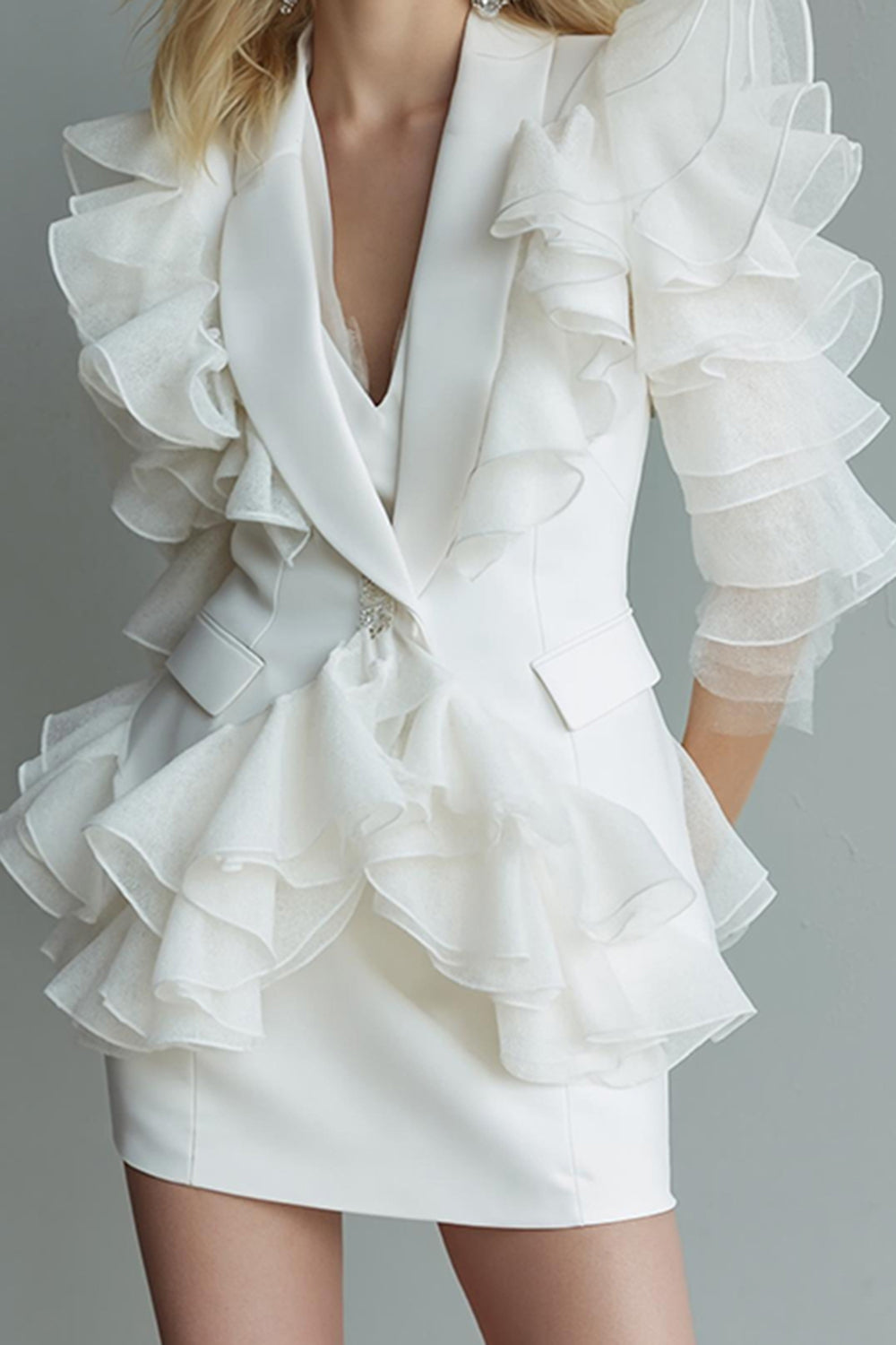 White 2 Piece Shawl Lapel Short Work Dress with Ruffles