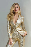 Sparkly Golden 2 Piece Sequins Notched Lapel Women Prom Suits
