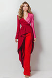 Red 2 Piece Satin Shawl Lapel Women Prom Suits with Sleeves
