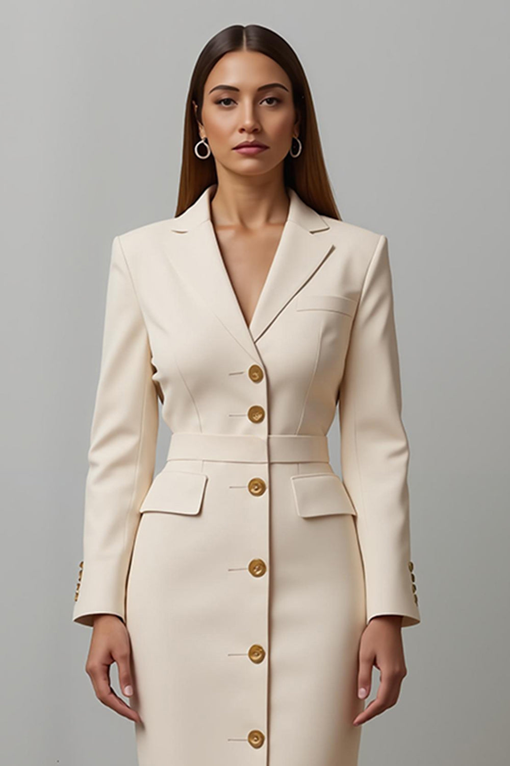 Champagne Pencil Notched Lapel Midi Blazer Dress