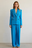 Blue 2 Piece Notched Lapel Satin Women Prom Suits