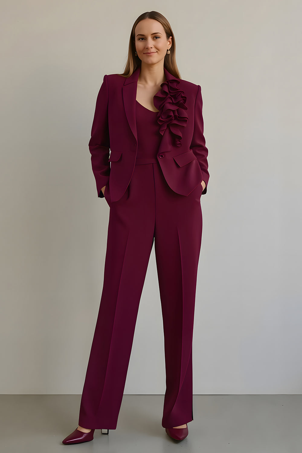 Burgundy 2 Piece Ruffled Satin Women Prom Suits with Pockets